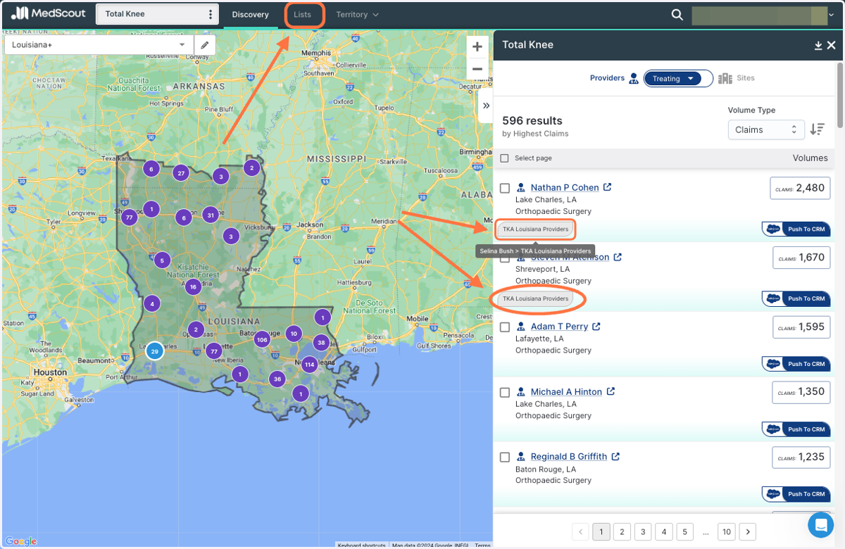 MedScout flags your Prospects with a gray label. Access your List by clicking the gray label or 'Lists' from the platform header.