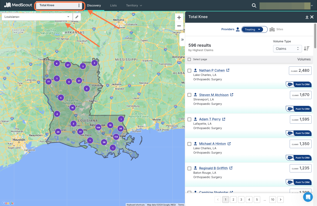 To begin creating a List in MedScout, you must have a Territory and Search selected.