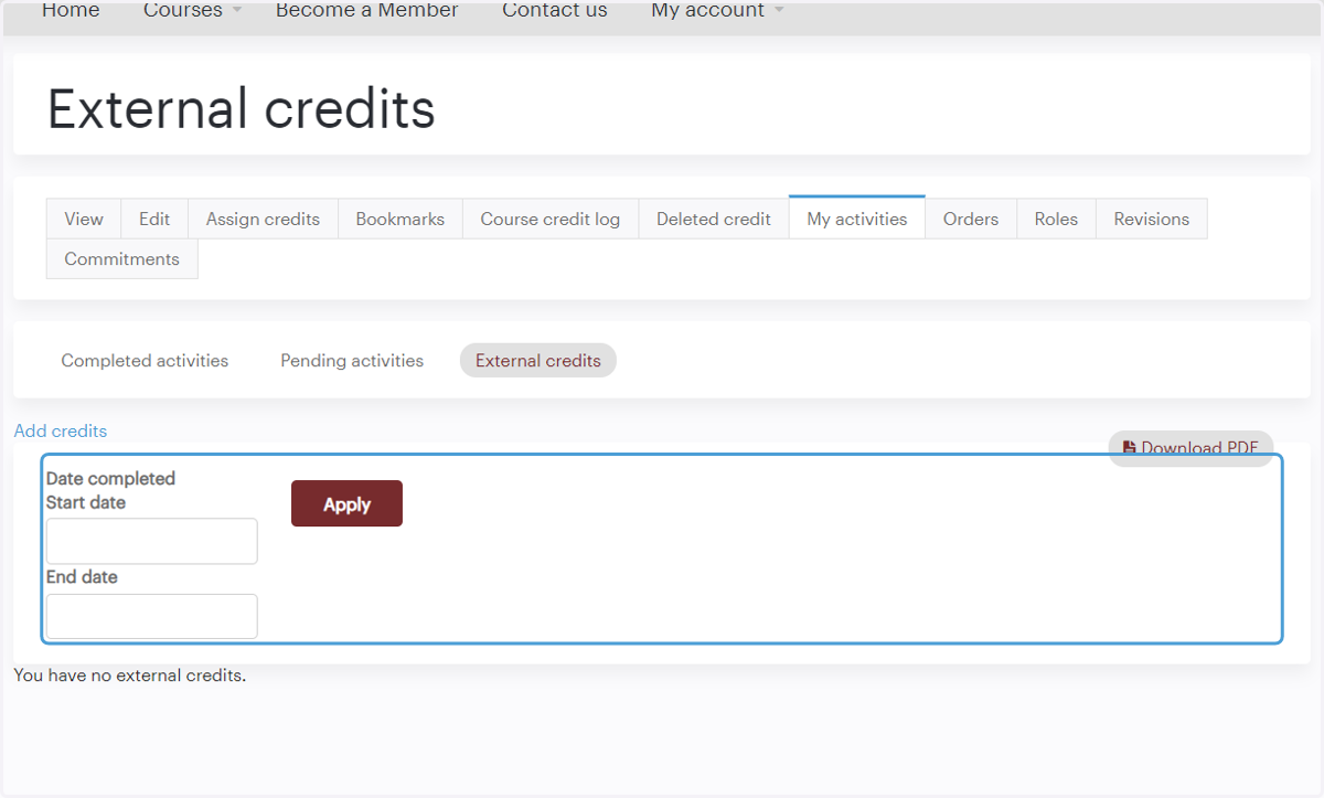 Click "External credits" to upload certificates from other sources