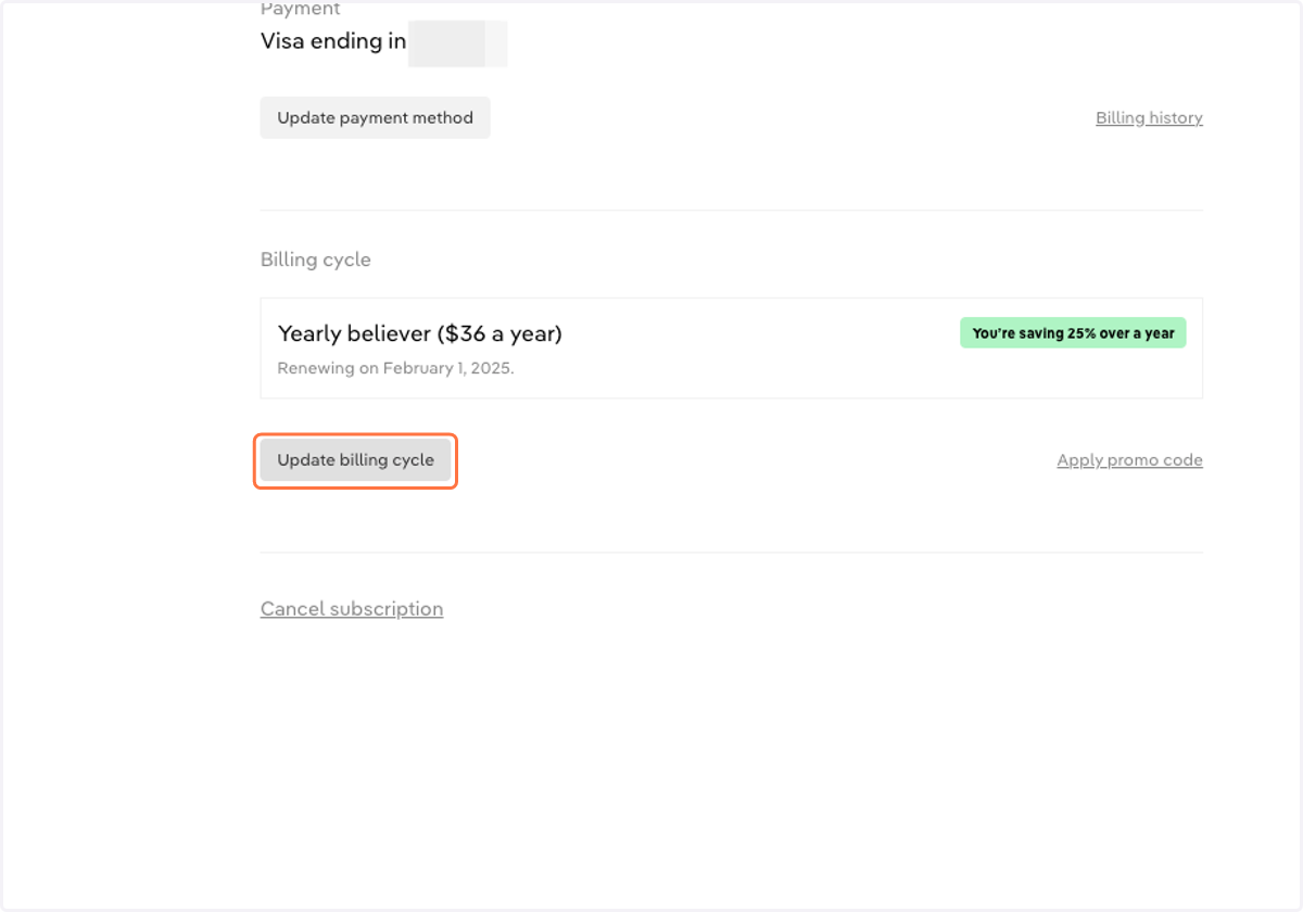 Click 'Update billing cycle' to change from a Monthly to Yearly plan (or vice versa)