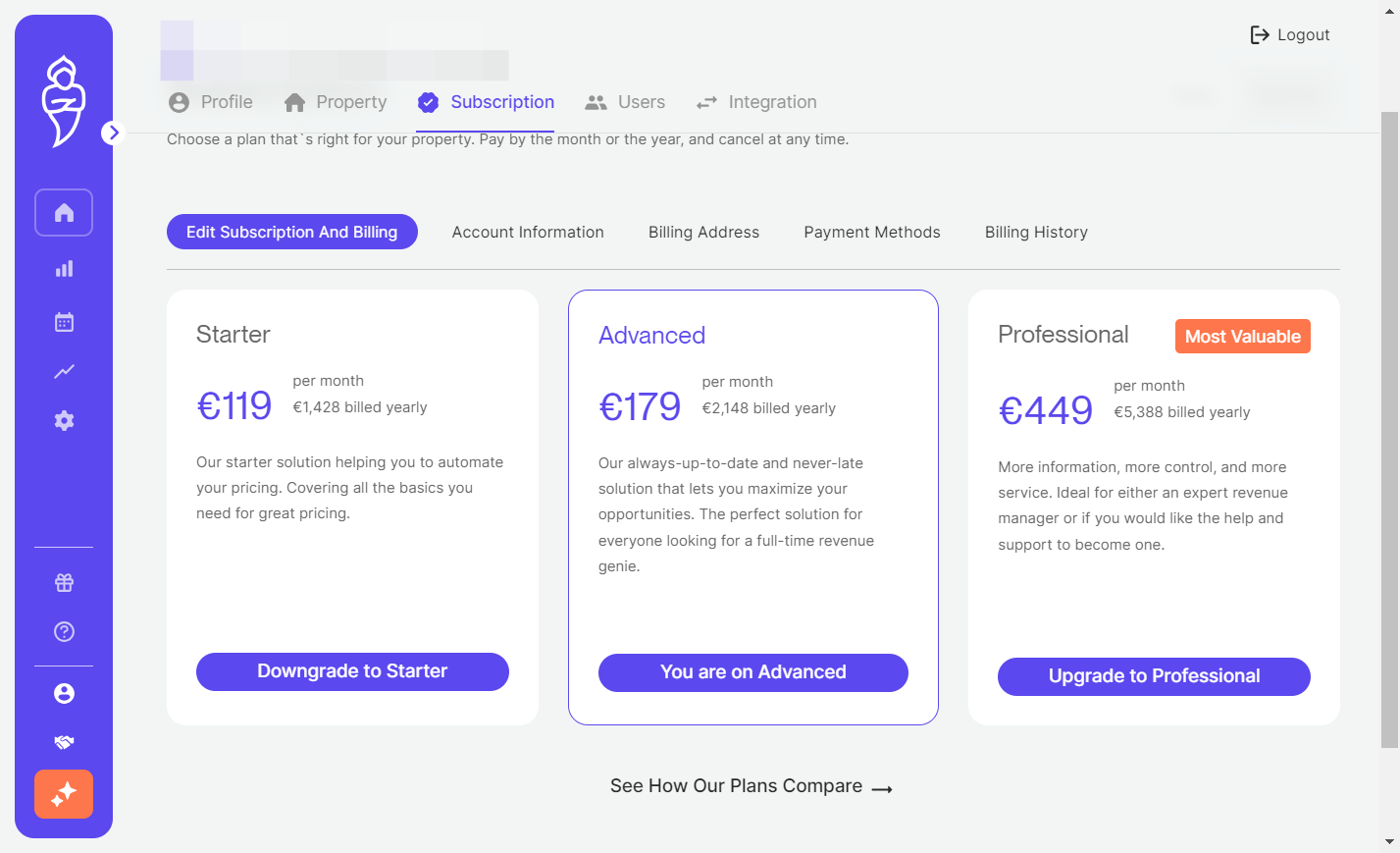 Compare and choose the appropriate plan for your property. Click on Upgrade.