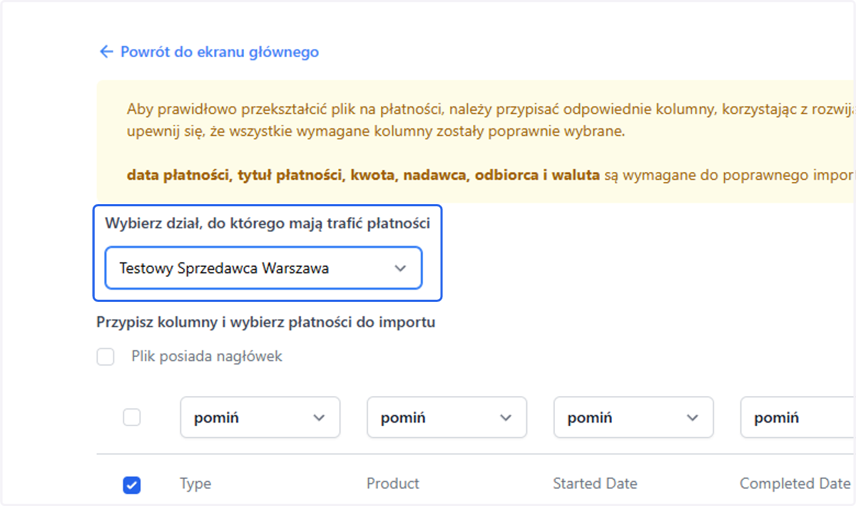W dedykowanym polu wybierz, do jakiego działu mają przypisać się płatności.