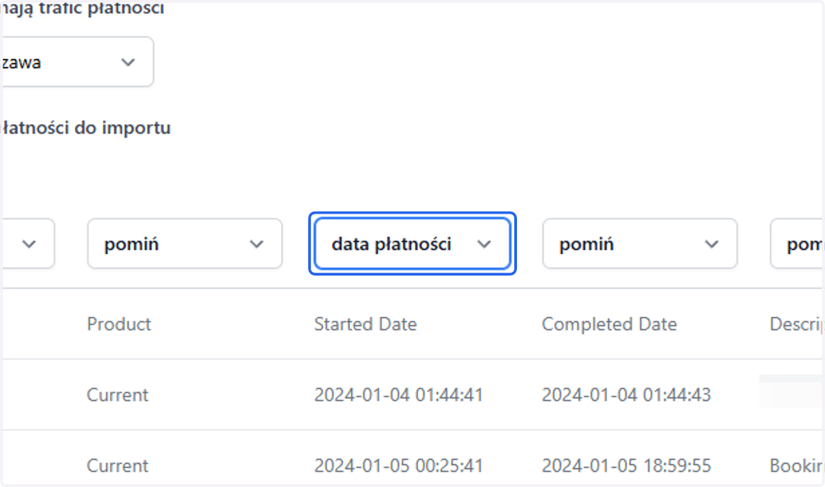 Import zakończy się powodzeniem, jeśli do właściwych kolumn przypiszesz właściwą zmienną. Wymagane kolumny do przypisania to: data płatności, tytuł płatności, kwota, nadawca, odbiorca, waluta. Pozostałe kolumny mogą zostać pominięte.