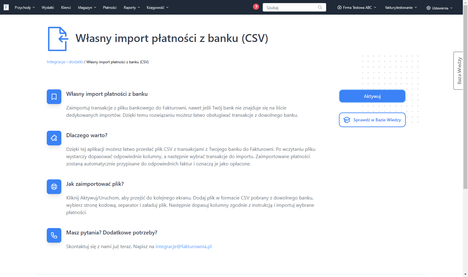 Włącz aplikację za pomocą przycisku 'Aktywuj'. Przy skorzystaniu z aplikacji importu ponownie, w tym miejscu pojawi się przycisk 'Uruchom', chyba, że w międzyczasie odinstalujesz aplikację.