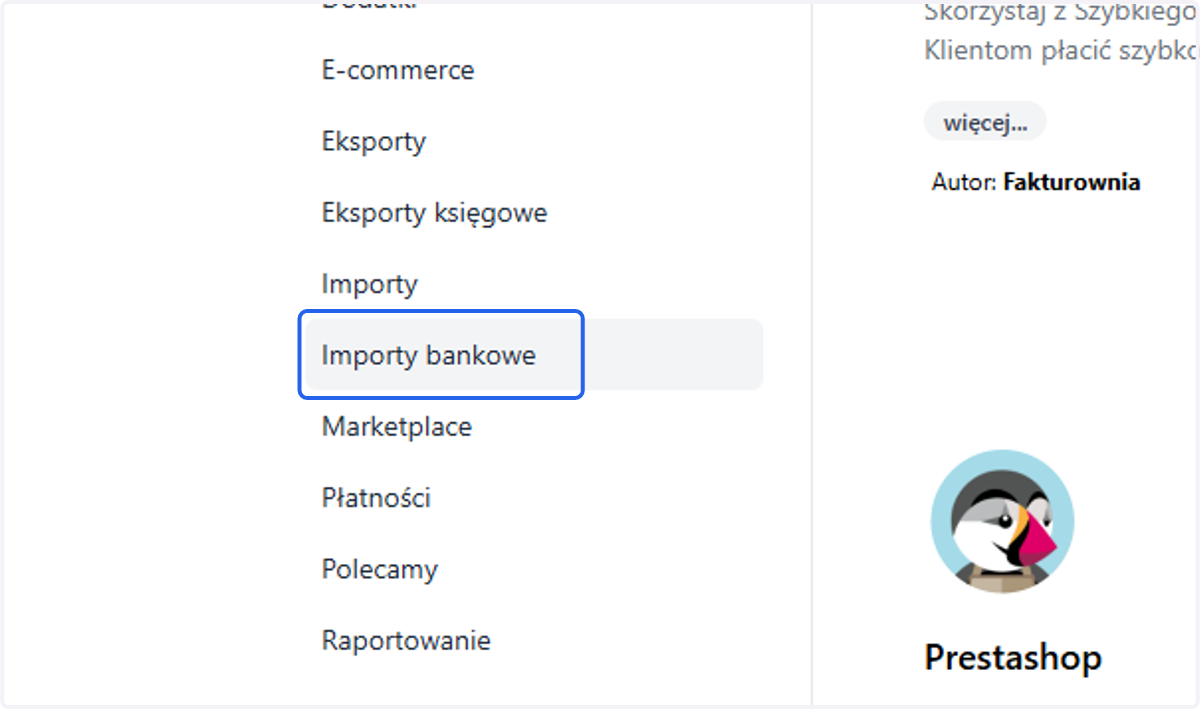 Spośród dostępnych kategorii wybierz 'Importy bankowe' lub wpisz nazwę aplikacji 'Własny import płatności' bezpośrednio w polu Szukaj.
