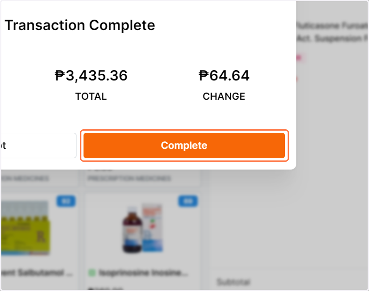 To return to the POS display, click Complete.