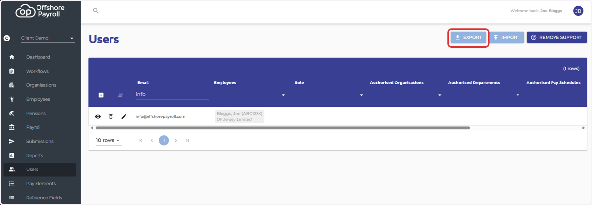 If you would like to see a list of all of the users in excel format, please select 'Export' at the top of the screen