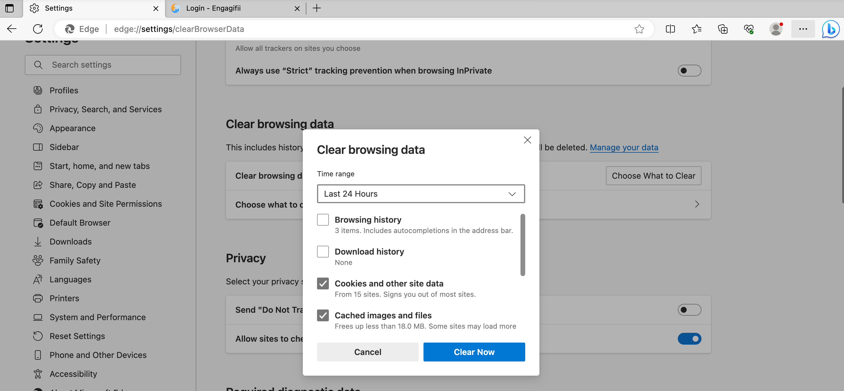 Check the Cookies and Cache boxes and select Clear Now