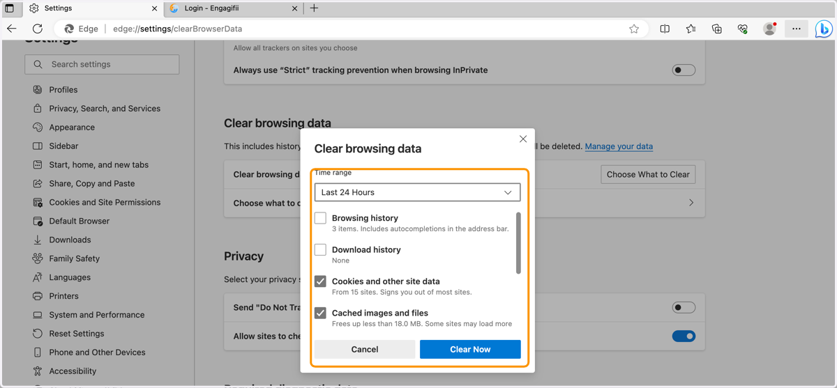 Check the Cookies and Cache boxes and select Clear Now
