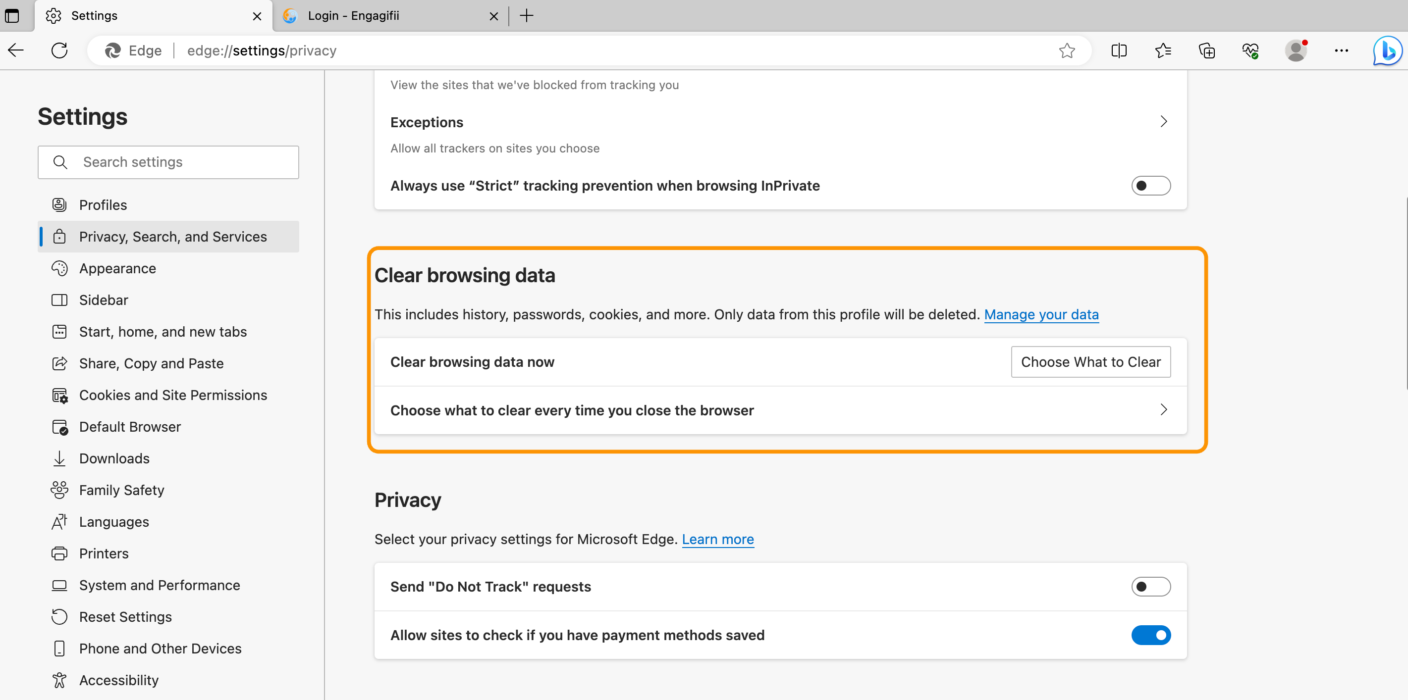 Click on Privacy, Search and Services and scroll to Clear Browsing Data. You can choose what and when to clear data.