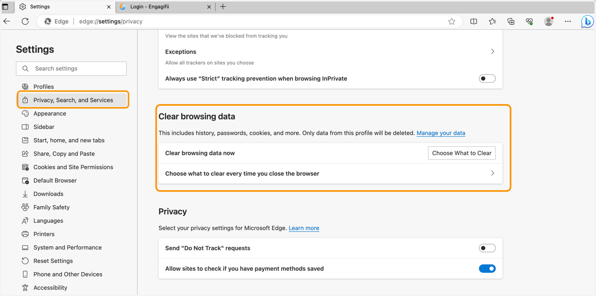 Click on Privacy, Search and Services and scroll to Clear Browsing Data. You can choose what and when to clear data.