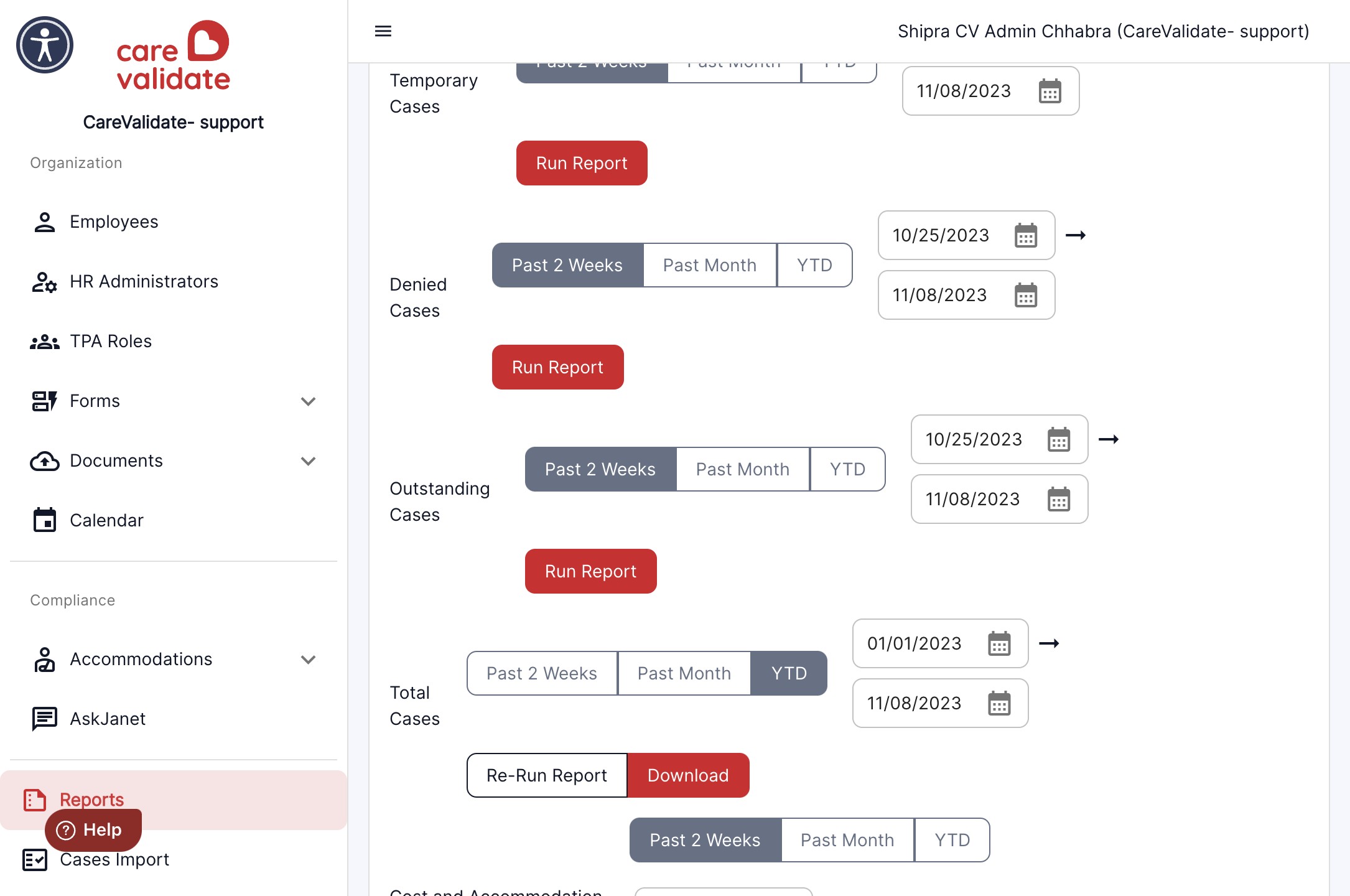 Click on the Reports tab in the left panel of the Accommocare Dashboard