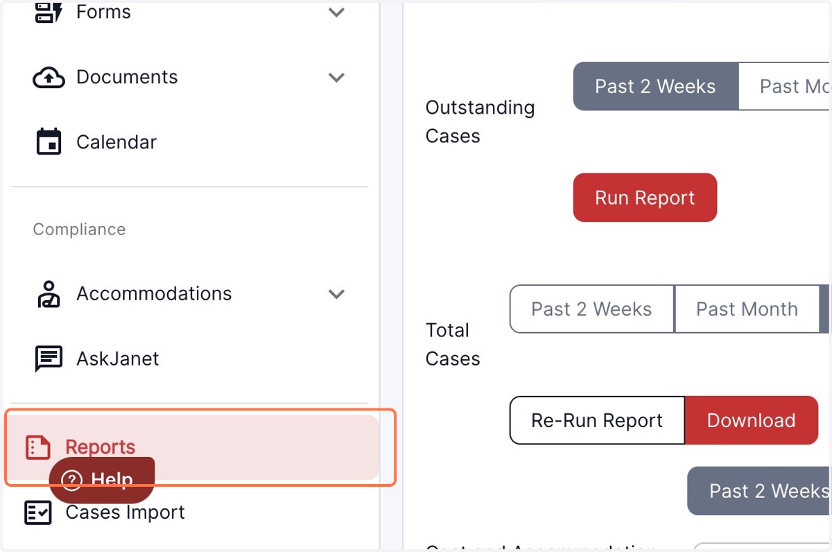 Click on the Reports tab in the left panel of the Accommocare Dashboard
