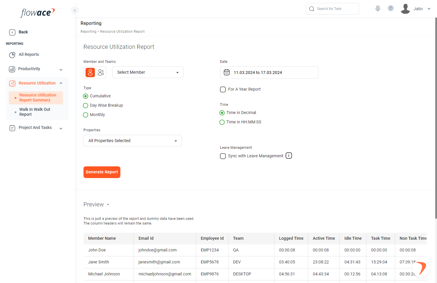 Click on Project And Tasks for reports related to projects and tasks