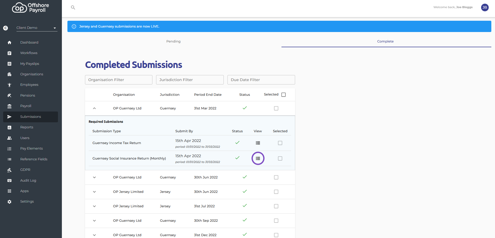 Select the View icon next to the return you wish to re-submit