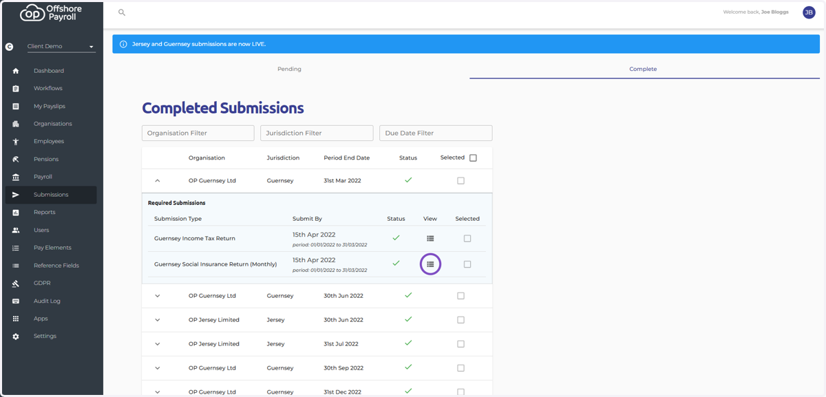 Select the View icon next to the return you wish to re-submit