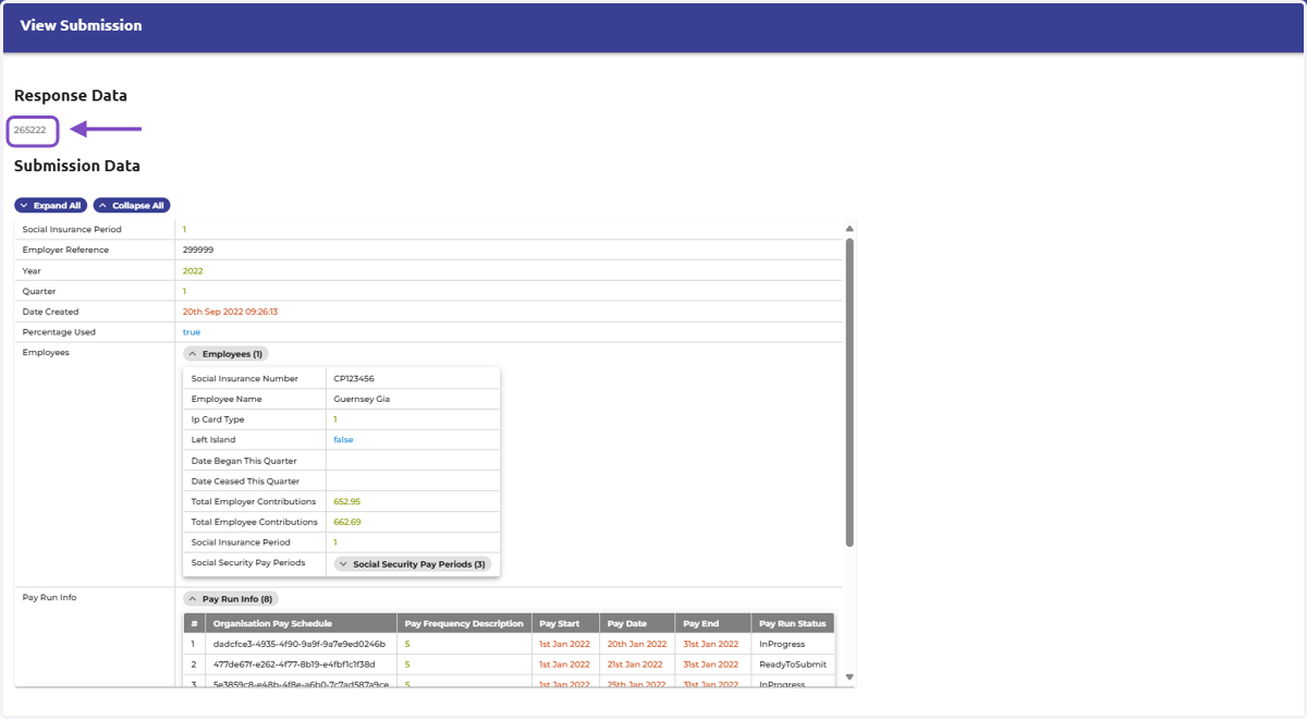 The lodgement number that must be sent to Revenue Guernsey is at the top of the screen underneath 'Response Data'
