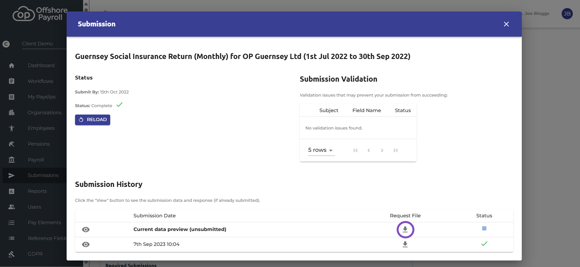 Once you are happy with the return, please click the 'download file' icon under the Request file column next to the 'Current data preview (unsubmitted)'