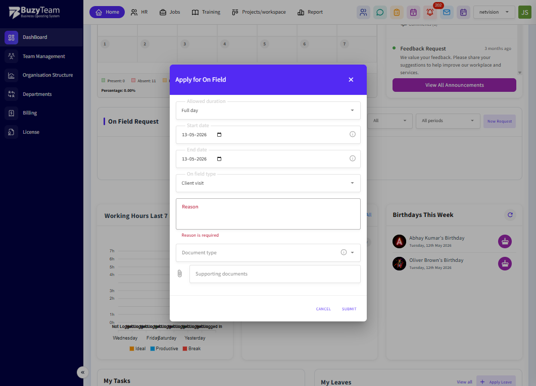Click on Apply for On Field