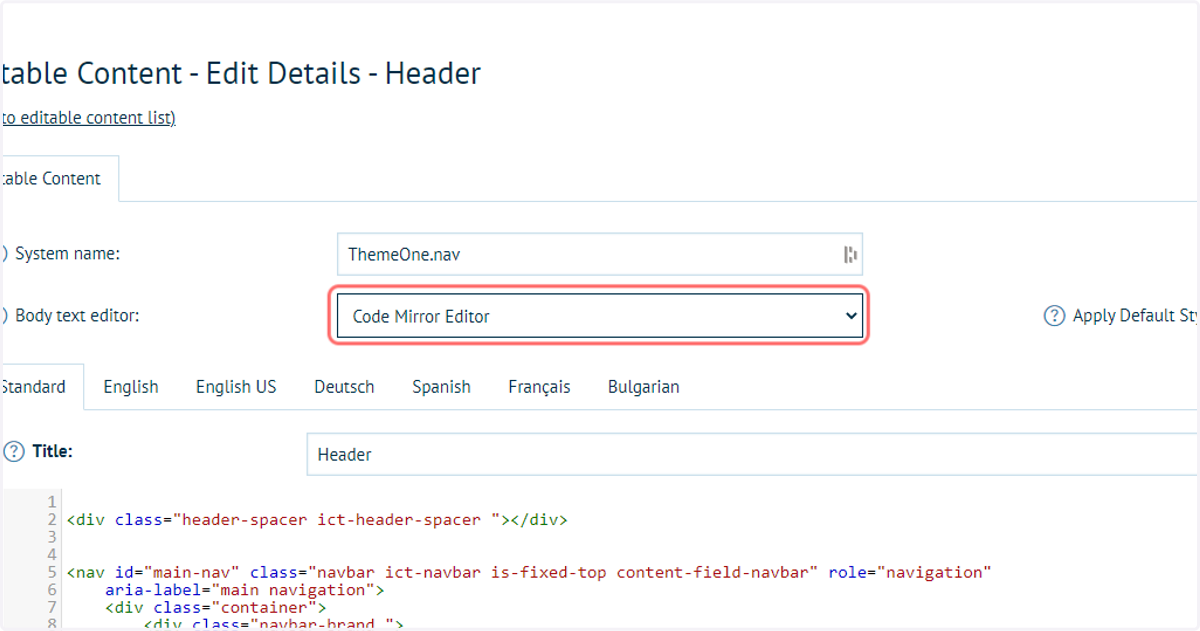 Switch to the Content Template Editor