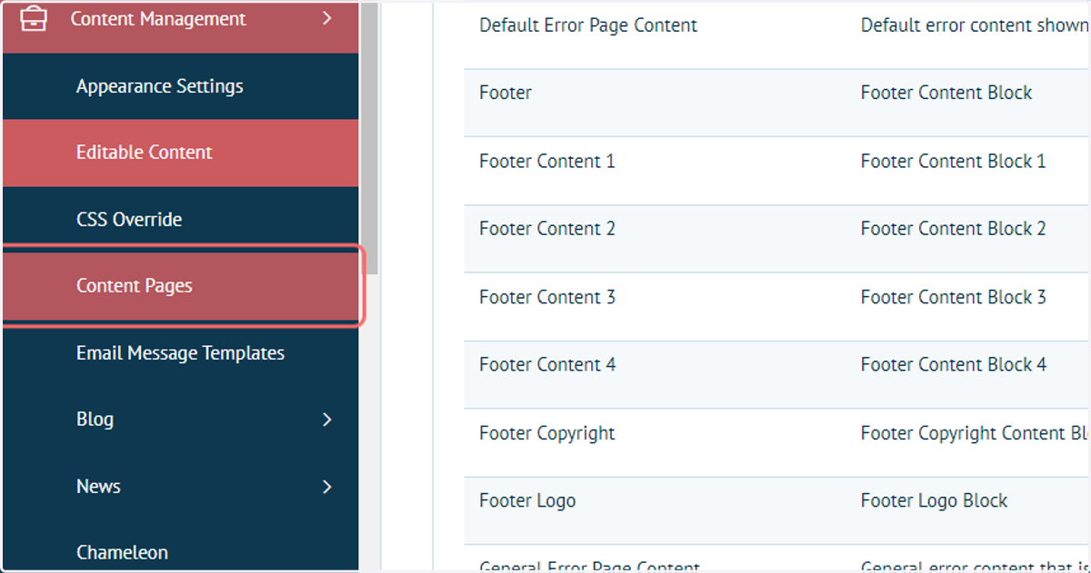 Navigate to your Content Pages area