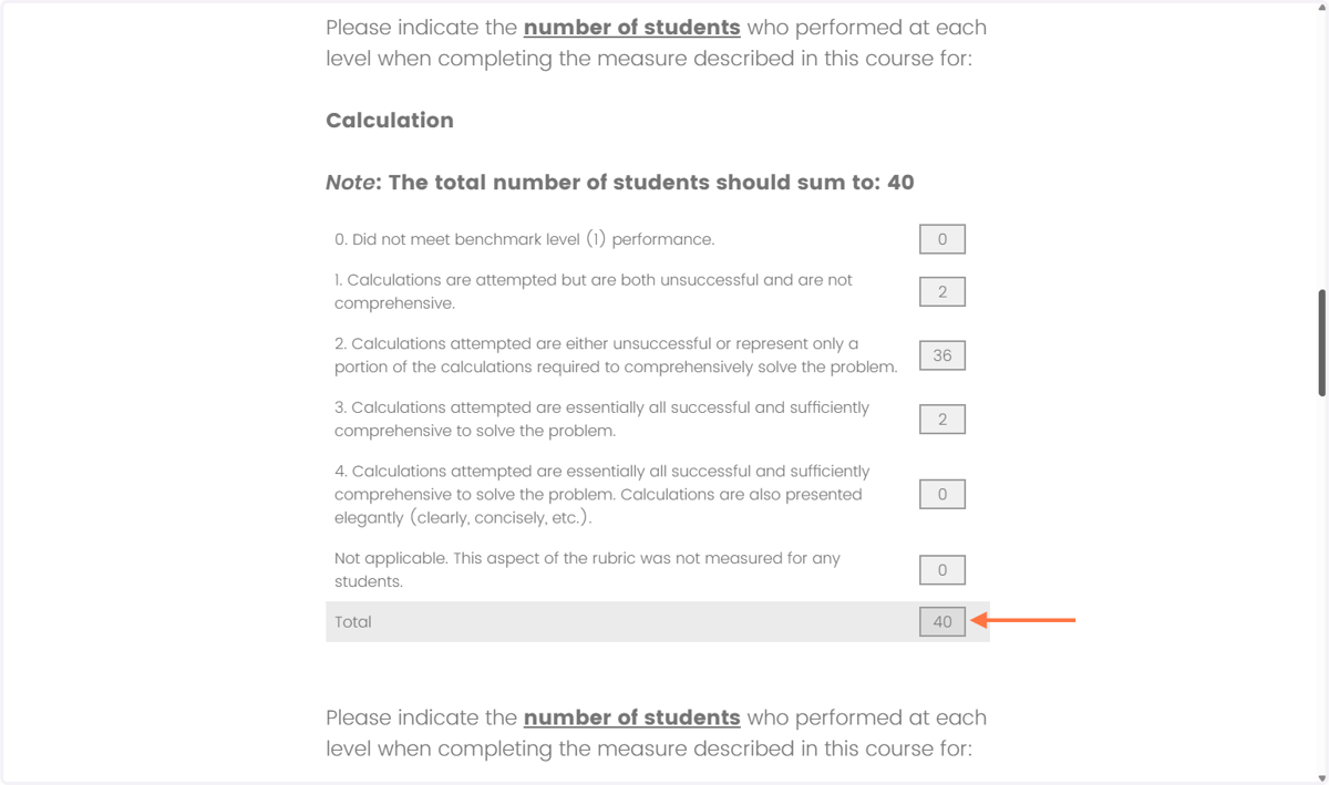 Under the description of the learning goal, the rubric criteria are listed. Enter the number of students who are at each level (0=did not meet benchmark, 1=benchmark, 2=beginning, 3=intermediate , 4=capstone, or not applicable). NOTE: Criteria totals