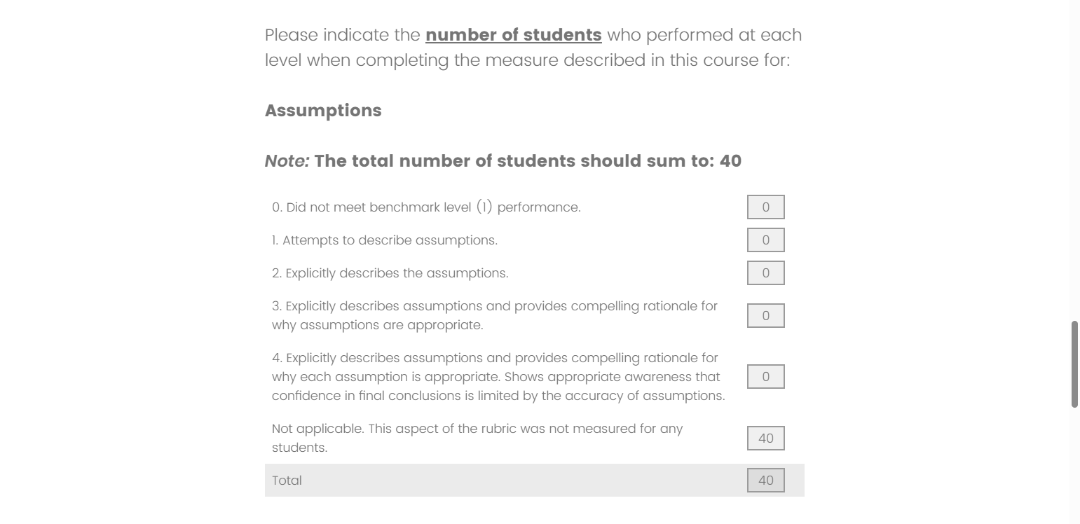 If a category/criterion is not applicable/not measured for any students, enter the total number of students being assessed in the last text box before the total.