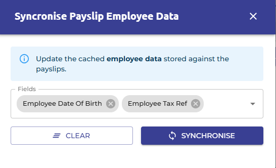 Select 'Synchronise' to sync the employee data to the payslips