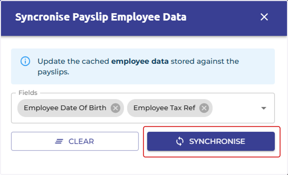 Select 'Synchronise' to sync the employee data to the payslips