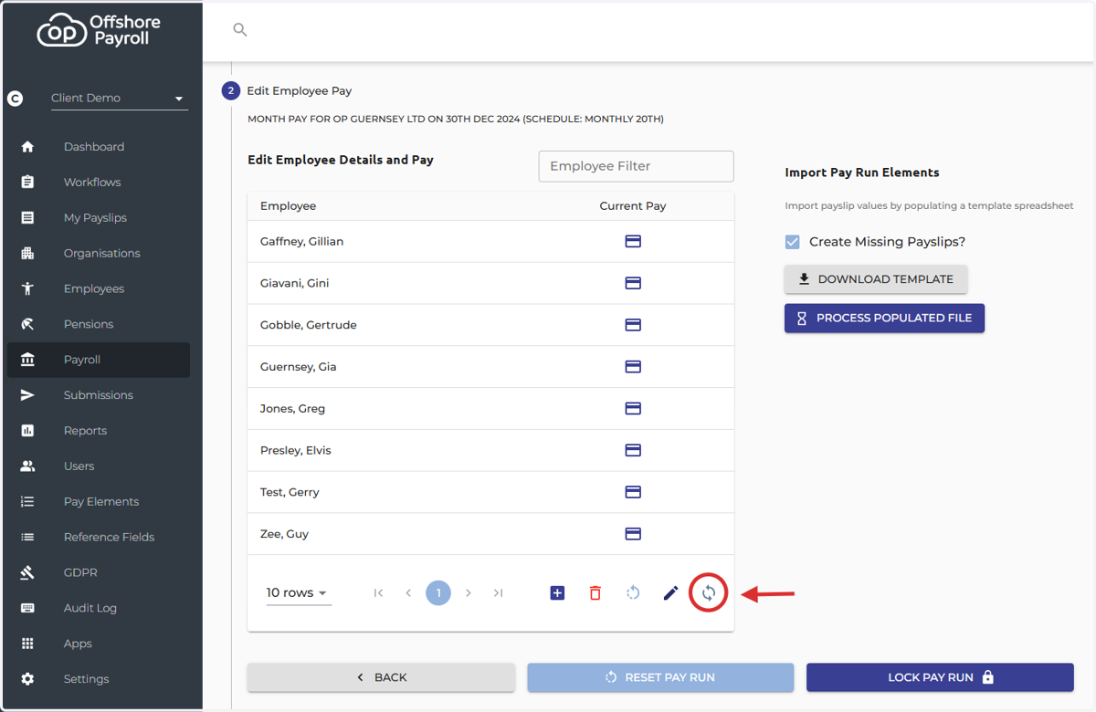 To synchronise the employee data in a pay run, simply click the 'Synchronise Payslip Employee Data' icon in step 2 of the payroll process.