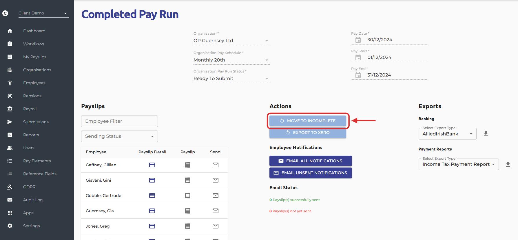 If your payroll has been completed, you will firstly need to unlock the pay run. If not, please skip to step 4.