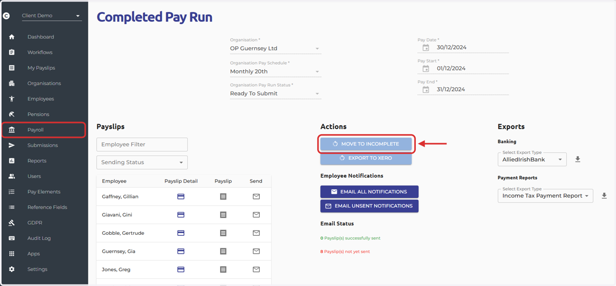 If your payroll has been completed, you will firstly need to unlock the pay run. If not, please skip to step 4.