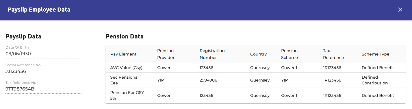 In this popup, you can view cached employee data. Since multiple pension schemes could be applied to the same payslip, all relevant information will be displayed in this table.