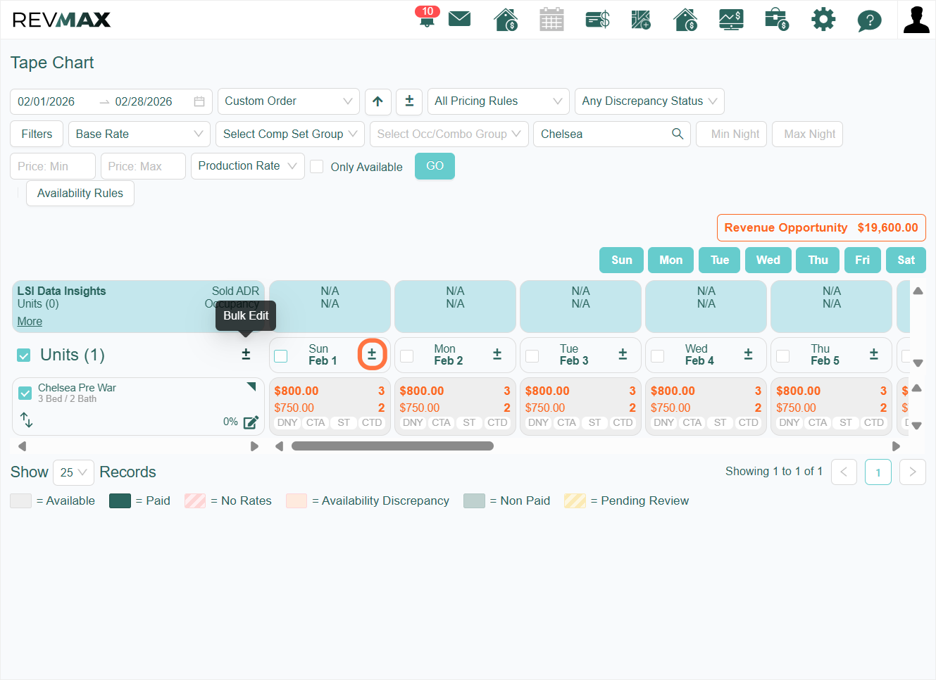 After selecting the unit and dates for which you want to reset manual overrides, click the 'Bulk Edit' icon.