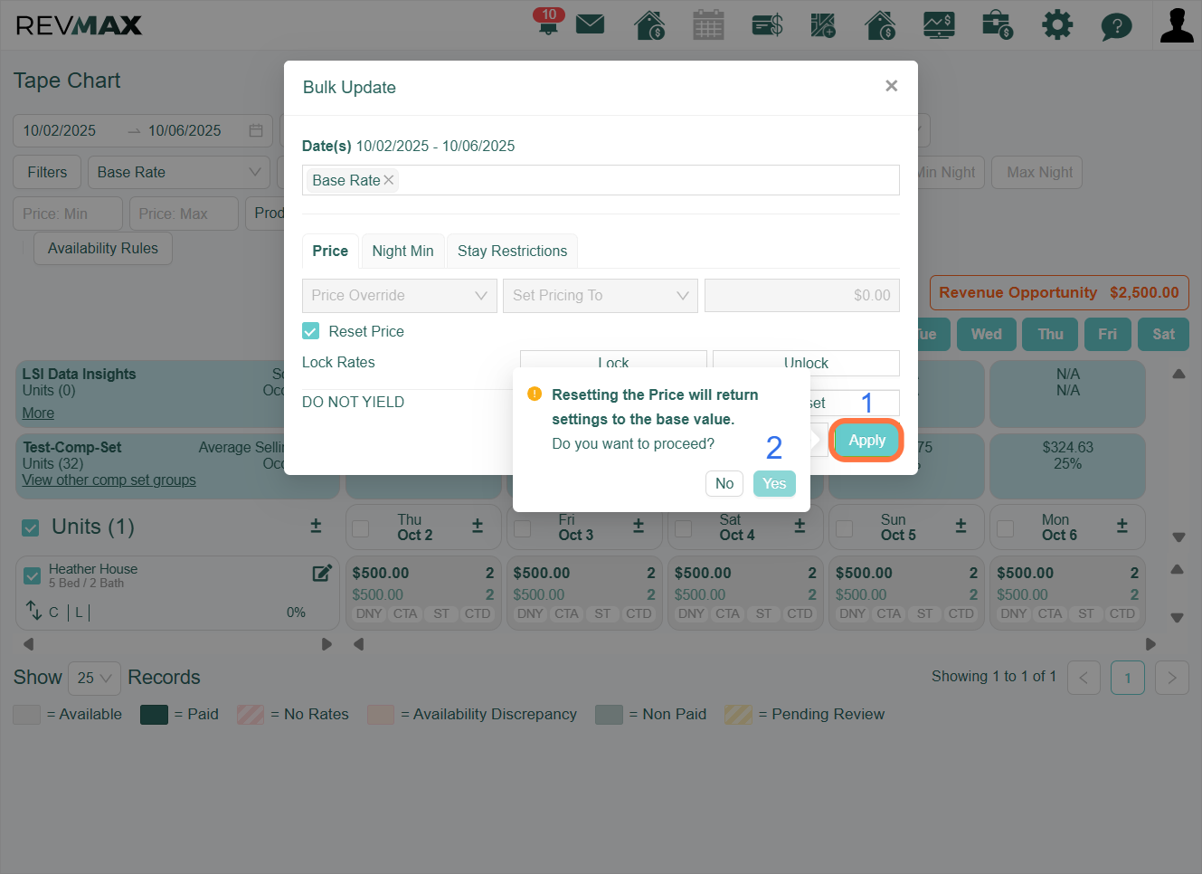 After clicking the "Apply" button, an alert message will appear to confirm your action, informing you that the settings will be reset to their base values. Click "Yes" to proceed.