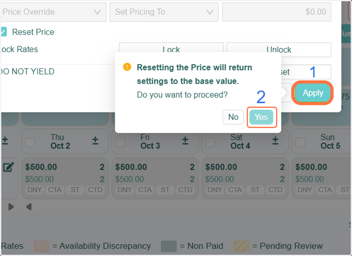 After clicking the "Apply" button, an alert message will appear to confirm your action, informing you that the settings will be reset to their base values. Click "Yes" to proceed.