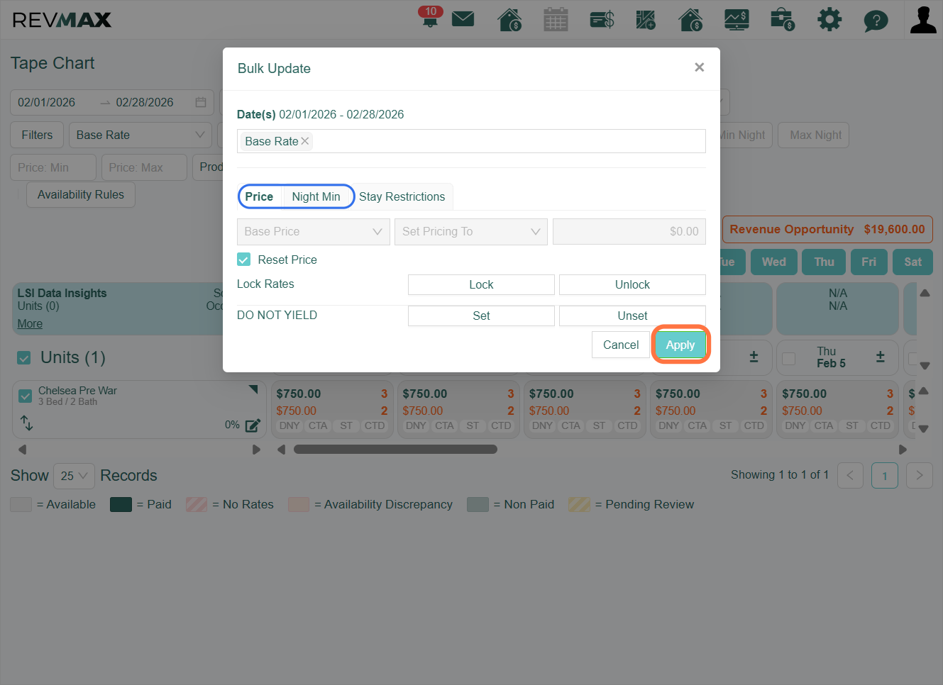 You can now proceed to reset other overrides in this example such as the Base Rate/Price, Final and Base Night Minimums, by using the other available options in the Bulk Edit feature. Simply follow the same steps outlined above.