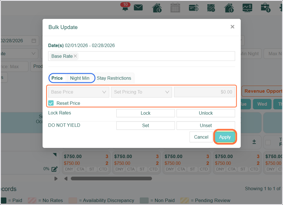 You can now proceed to reset other overrides in this example such as the Base Rate/Price, Final and Base Night Minimums, by using the other available options in the Bulk Edit feature. Simply follow the same steps outlined above.