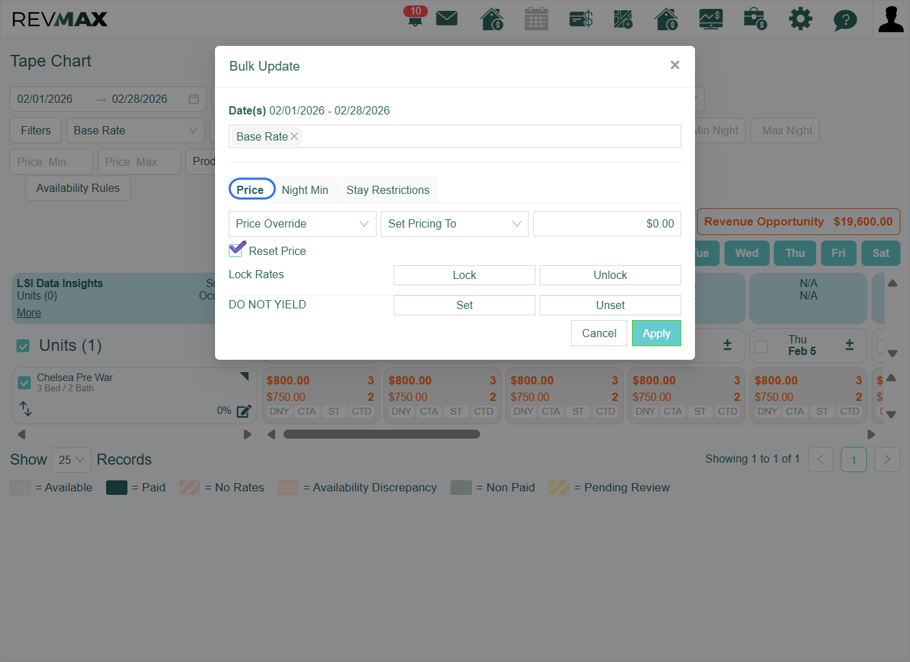After clicking the Bulk Edit icon, a pop-up window will appear with several bulk update options, including Price (Rates), Night Minimums, and Stay Restrictions.