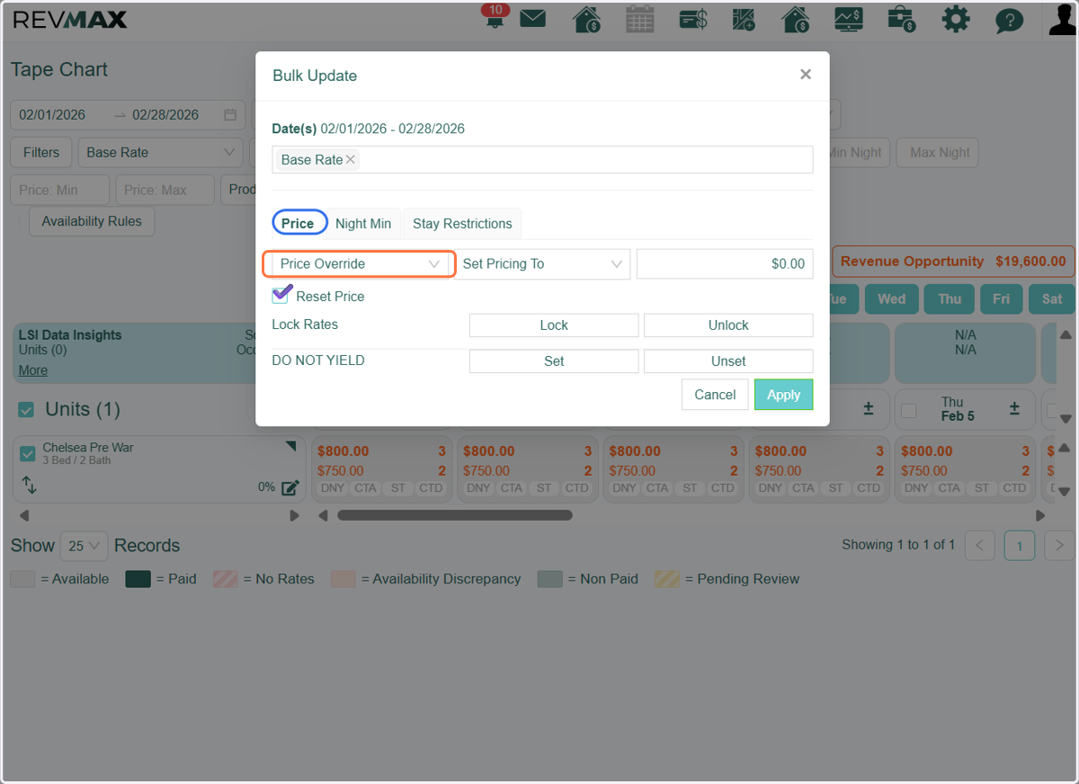 After clicking the Bulk Edit icon, a pop-up window will appear with several bulk update options, including Price (Rates), Night Minimums, and Stay Restrictions.