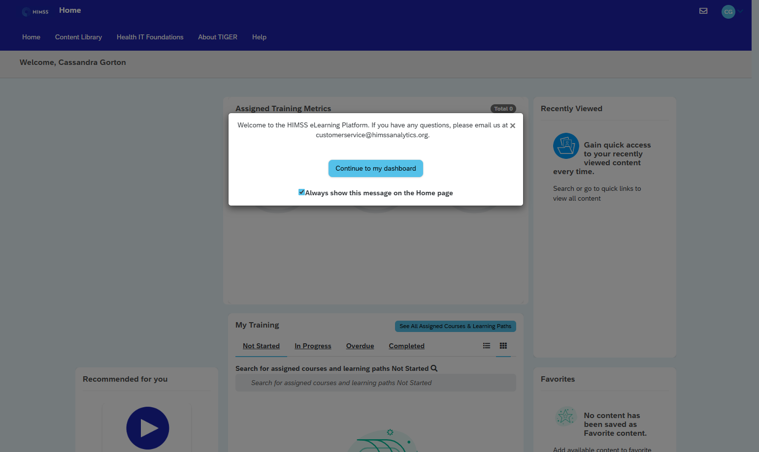 Click on Continue to my dashboard