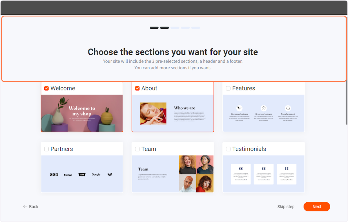 Choose the sections you want for your site…