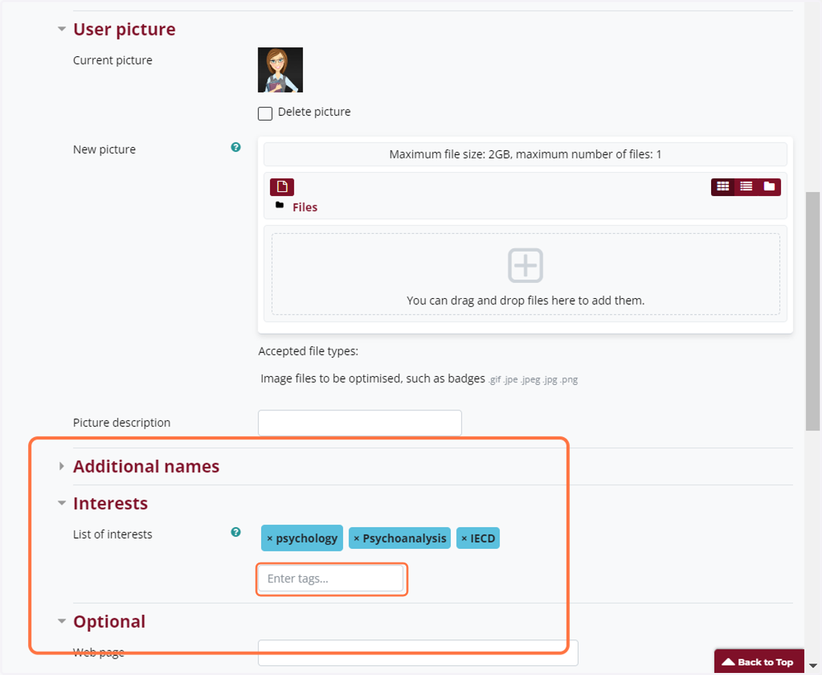 Other profile information, such as Additional Names and Interests, is optional.