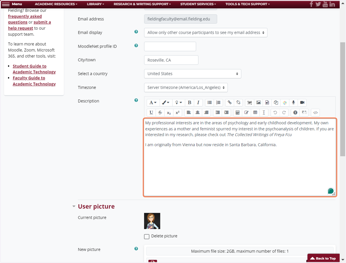 On your Profile page, you can update your location and enter a bio/description to introduce yourself to colleagues and classmates.