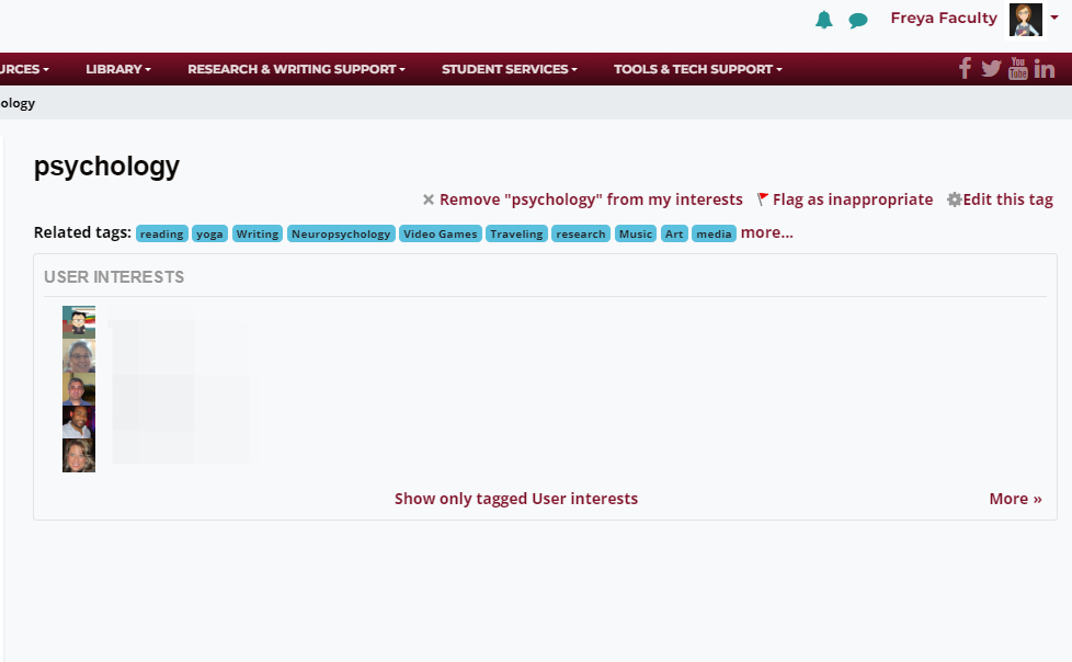 If you do include tags (key words) in the Interests section of your Profile, you can click on those tags to discover others with similar interests.