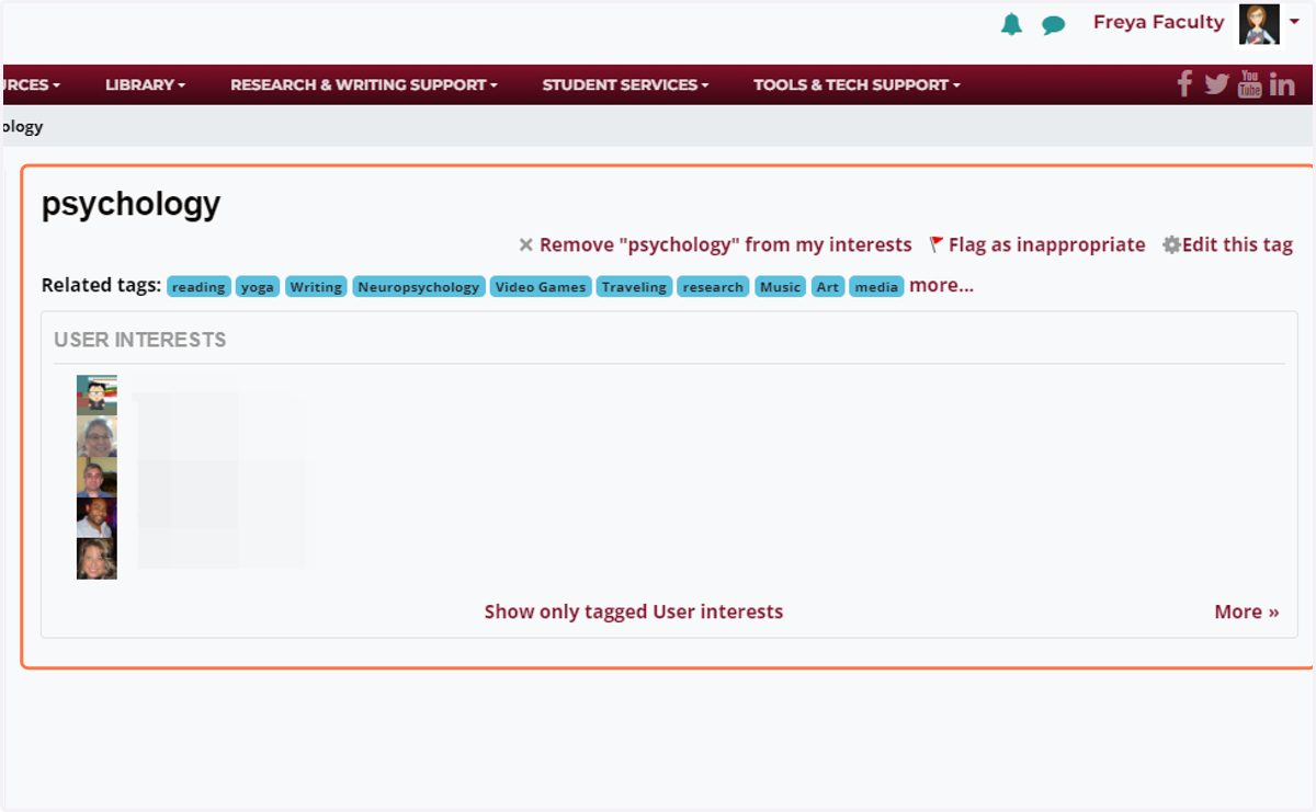 If you do include tags (key words) in the Interests section of your Profile, you can click on those tags to discover others with similar interests.
