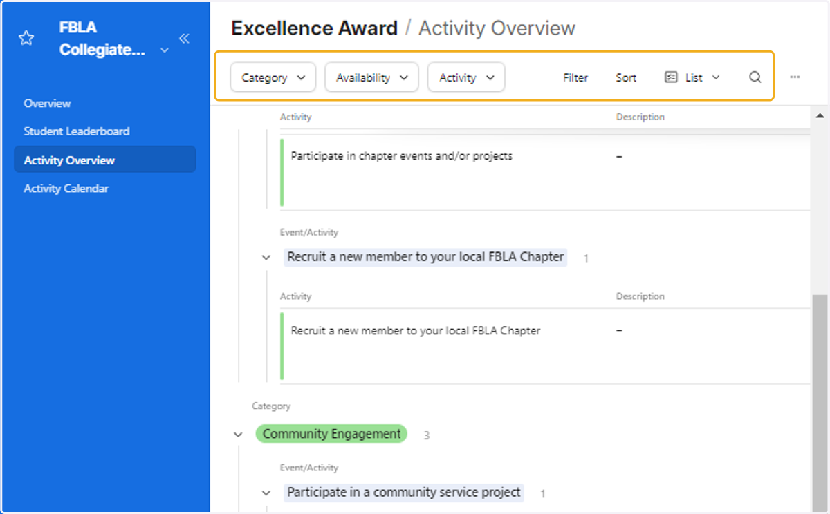 Filter the list of activities by category, availability, or activity. You can also use the search bar by clicking the magnify glass.