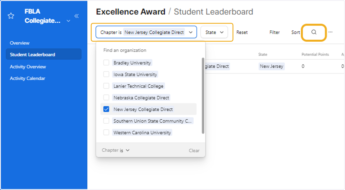 Sort by Chapter Name or State OR use the search bar to locate the correct member.