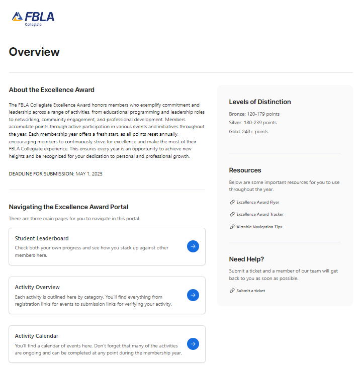 You'll find important resources such as the Excellence Award Tracker and a link to the FBLA Helpdesk where you can submit a ticket if you need help.