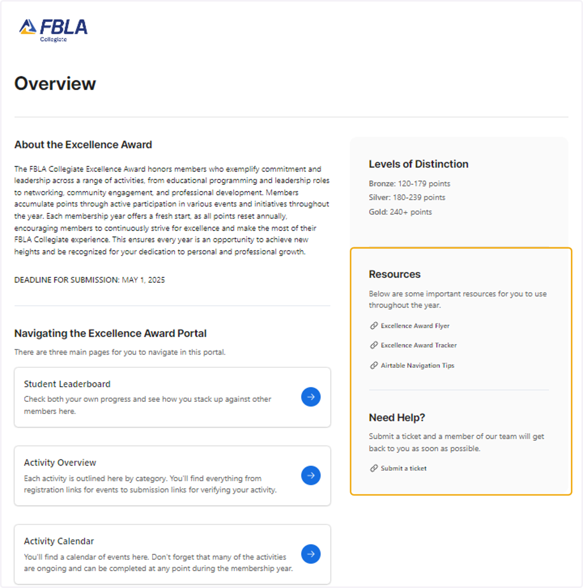 You'll find important resources such as the Excellence Award Tracker and a link to the FBLA Helpdesk where you can submit a ticket if you need help.